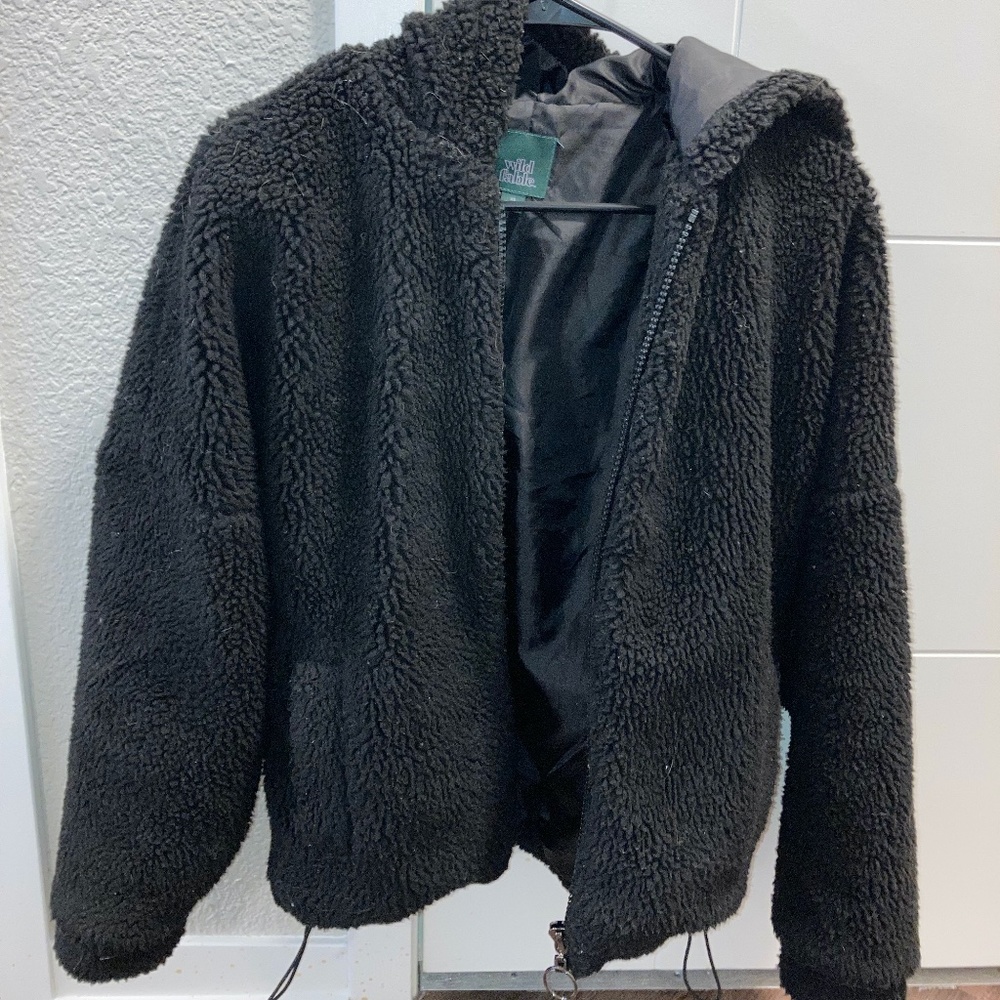 Black teddy fur jacket with hood
